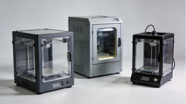 Three 3D printer enclosures in a workshop