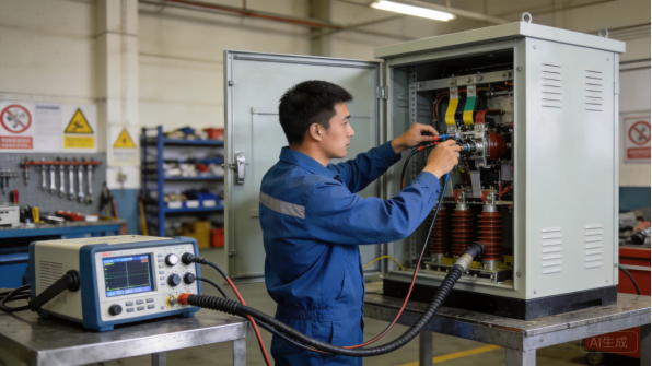 Worker assembling wiring inside a sheet metal enclosure