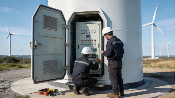 Engineers installing an outdoor control cabinet at a wind farm