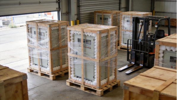 Finished control cabinets crated for shipment
