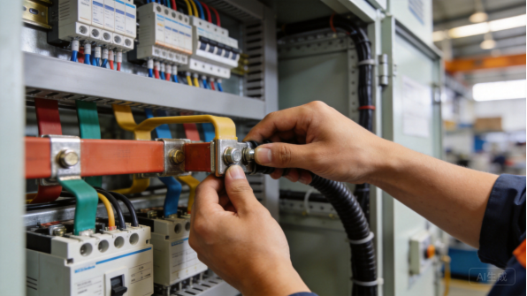 Technician wiring components inside an electrical cabinet