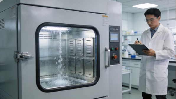 Laboratory technician testing equipment in an environmental chamber