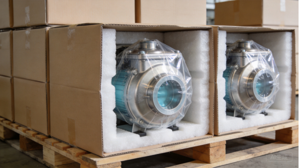 Packed industrial blower units in wooden crates