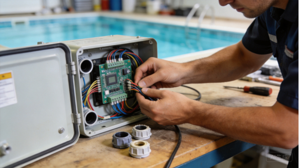 Technician wiring a pool equipment control box
