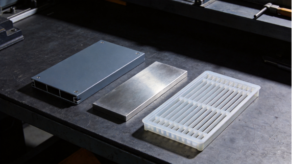 Powder-coated metal parts laid out on a workbench