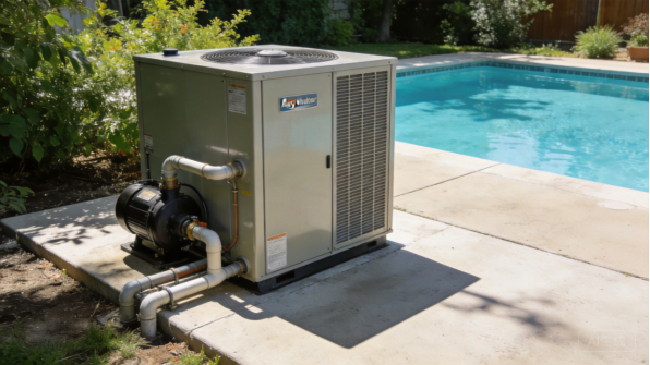 Pool equipment enclosure beside a swimming pool