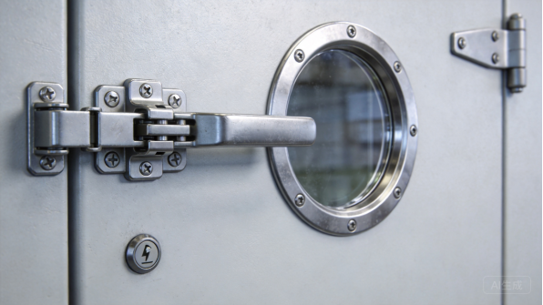 Stainless steel machine door with a round glass window