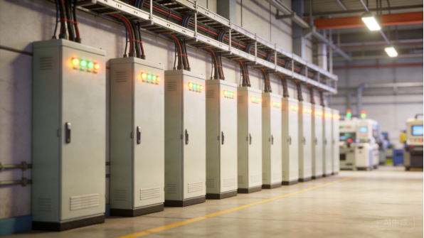 Row of electrical distribution cabinets in a factory