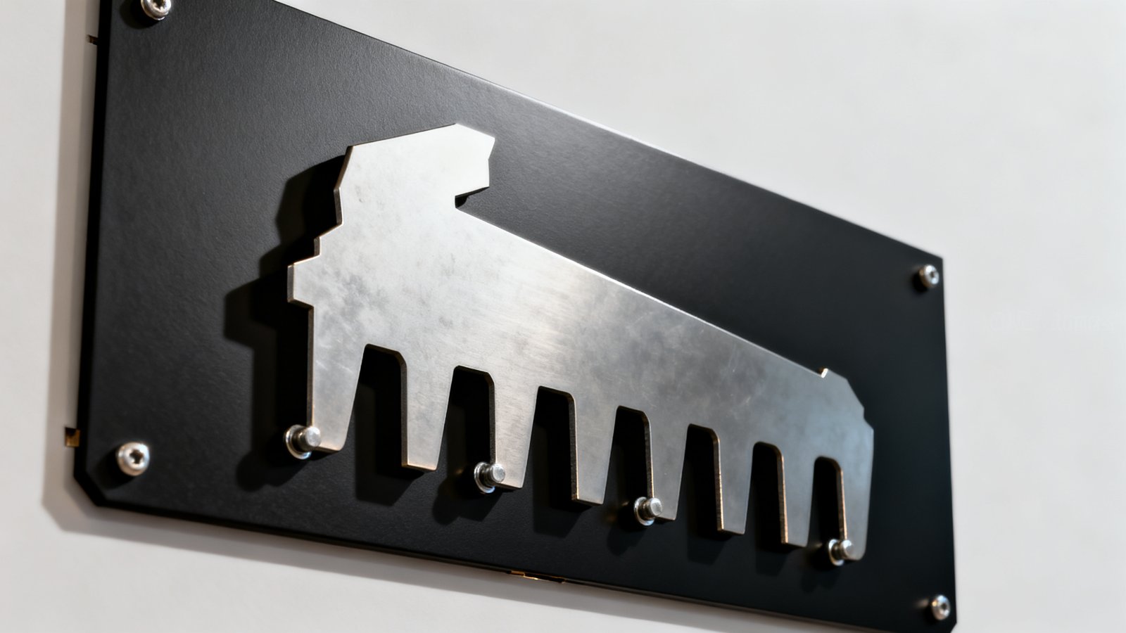 Metal sign with a layered design: bare steel cut layer on spacers in front of a powder coated backing panel