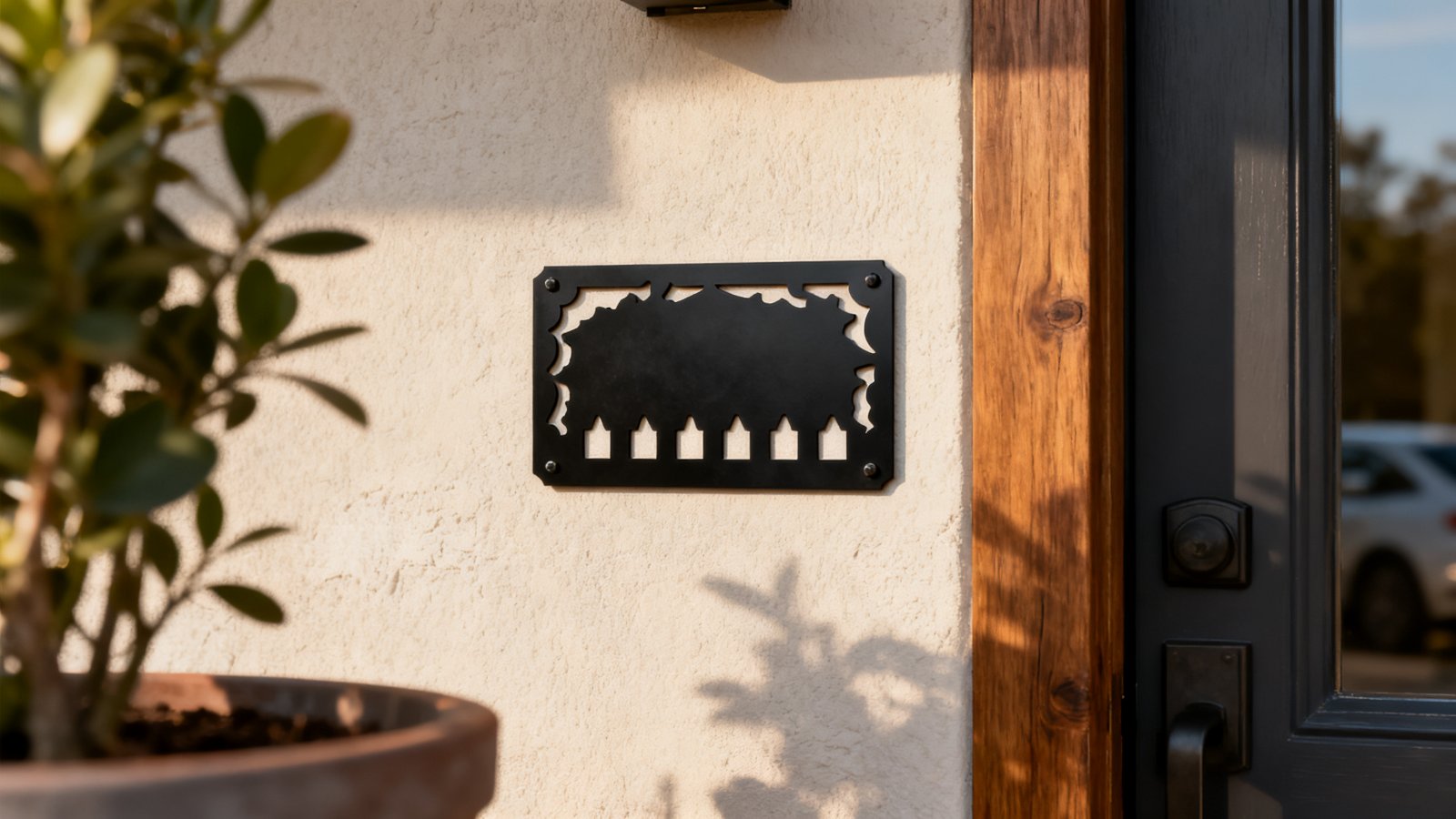Metal sign with concealed mounting used as a house number beside a front door