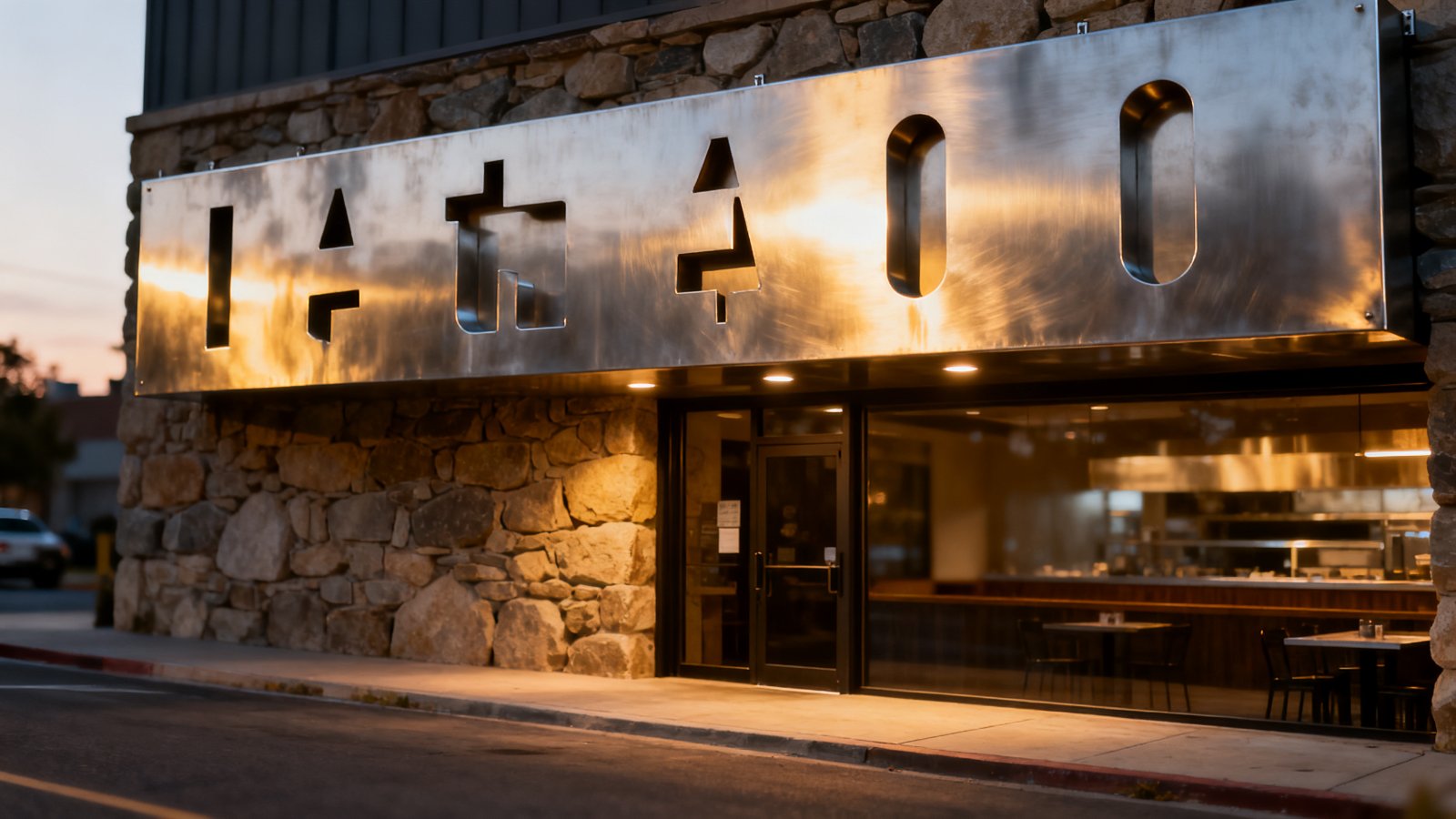 Brushed stainless steel metal sign on a restaurant facade with warm uplighting at dusk