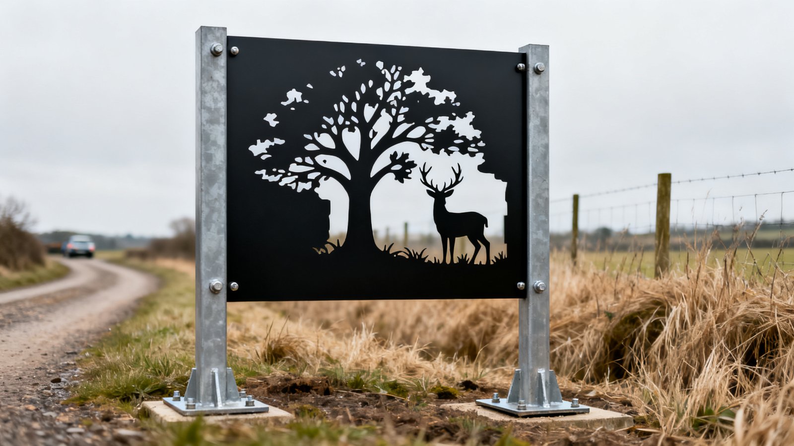 Post-mounted metal sign silhouette on galvanised steel posts with a bolted base plate
