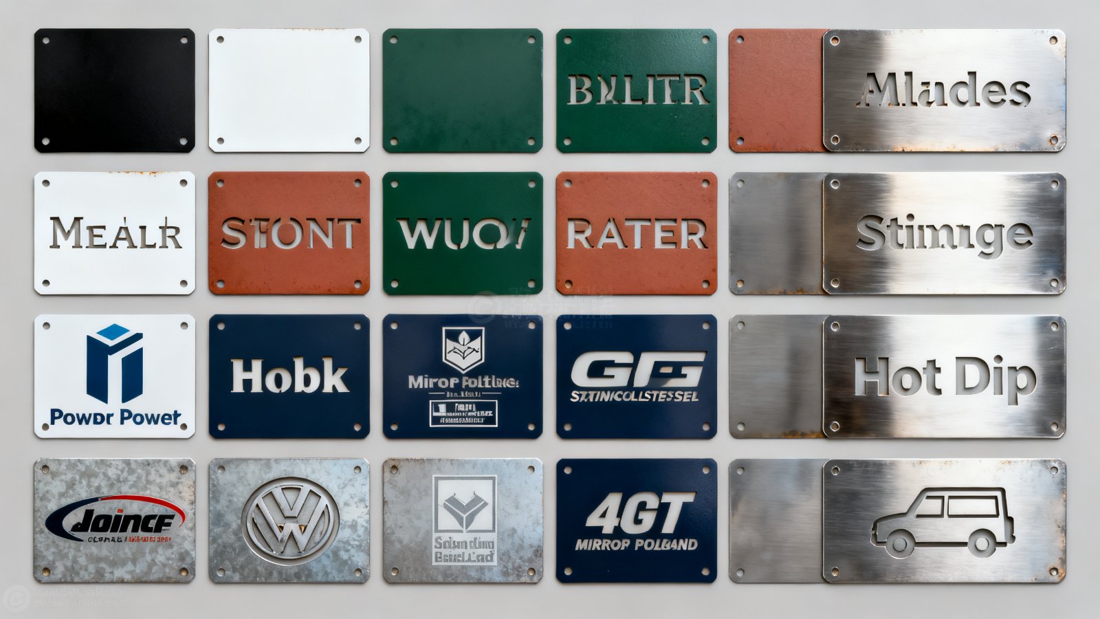 Powder coated, brushed, polished and galvanised metal sign finish samples