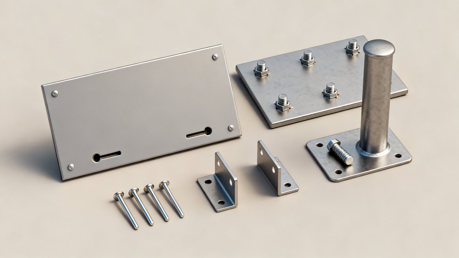 Metal sign mounting options: concealed keyhole slots, welded studs, standoff pins, brackets and a post flange