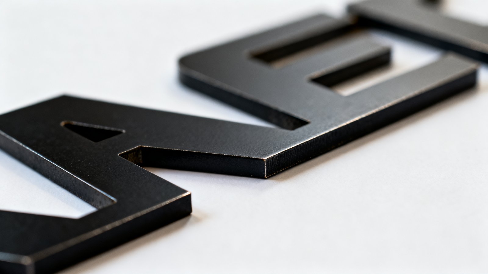 Cut letter edge on a 3 mm powder coated metal sign showing sharp cut and even coating