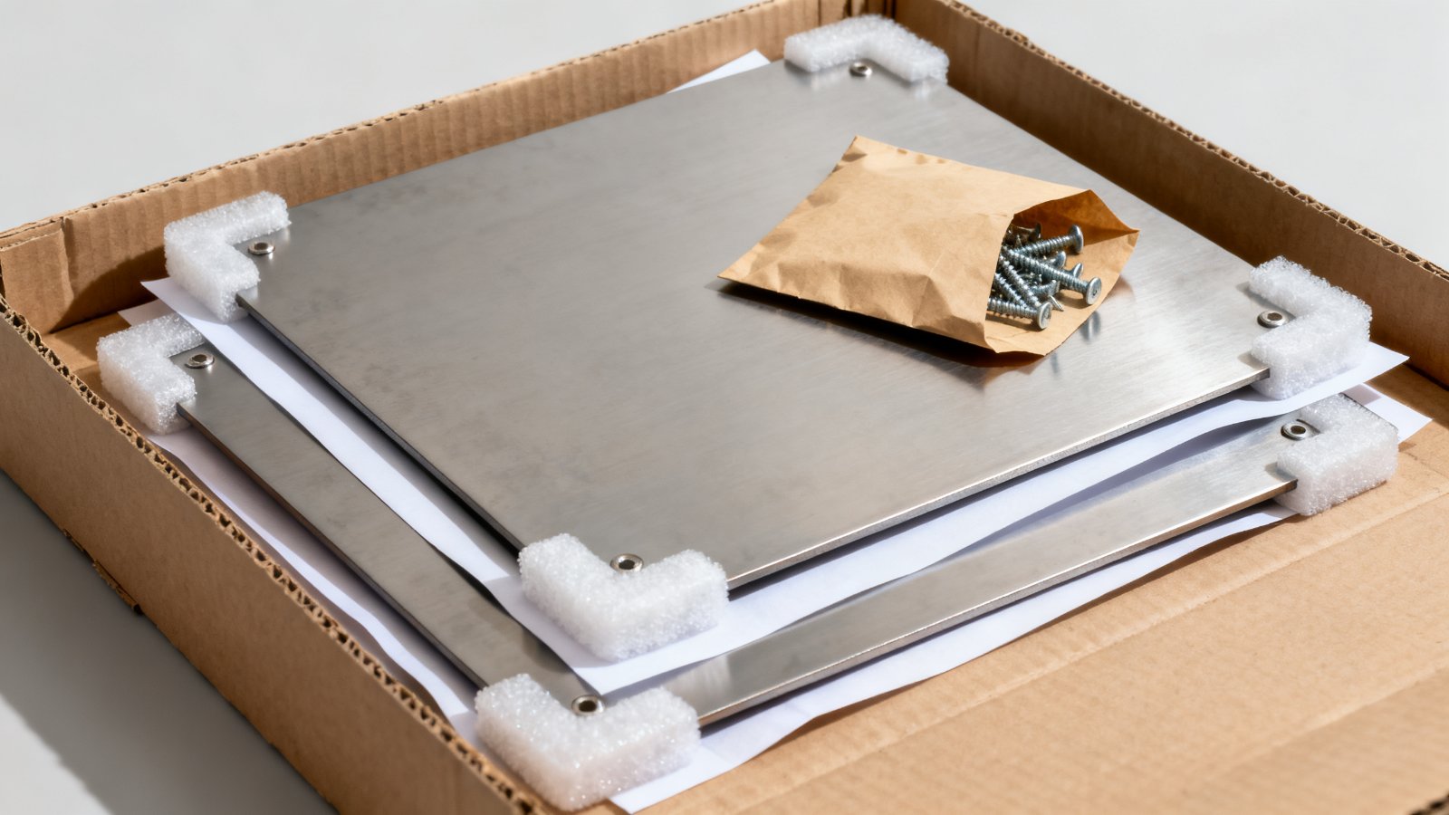 Flat-packed metal signs with corner protectors, paper interleaves and a sealed hardware envelope