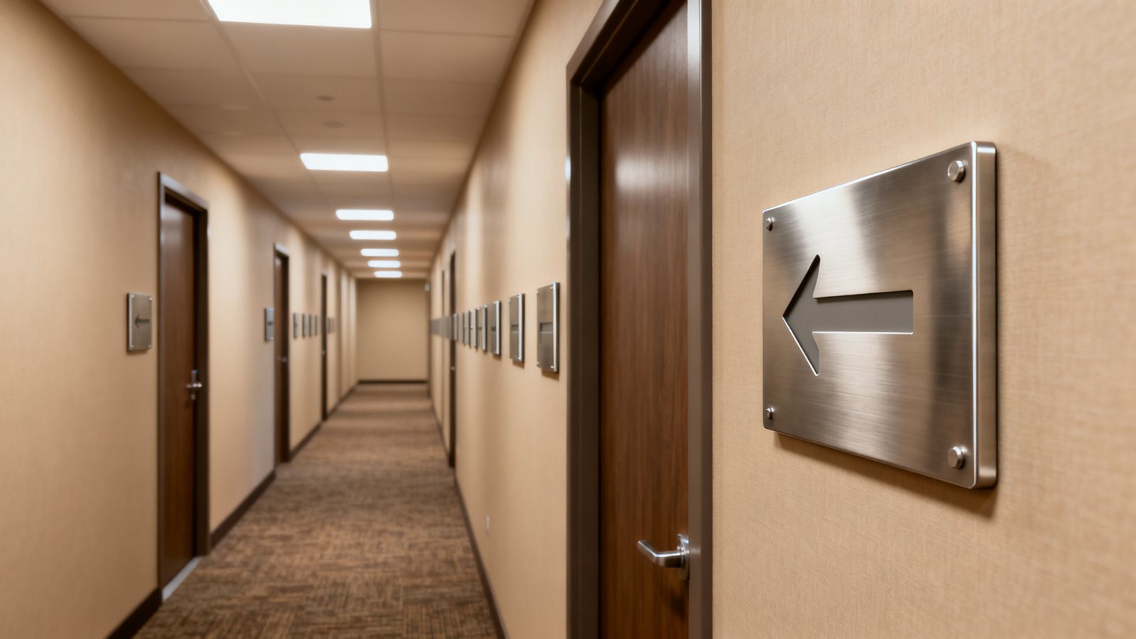 Metal signs for interior wayfinding and room numbers in brushed stainless steel