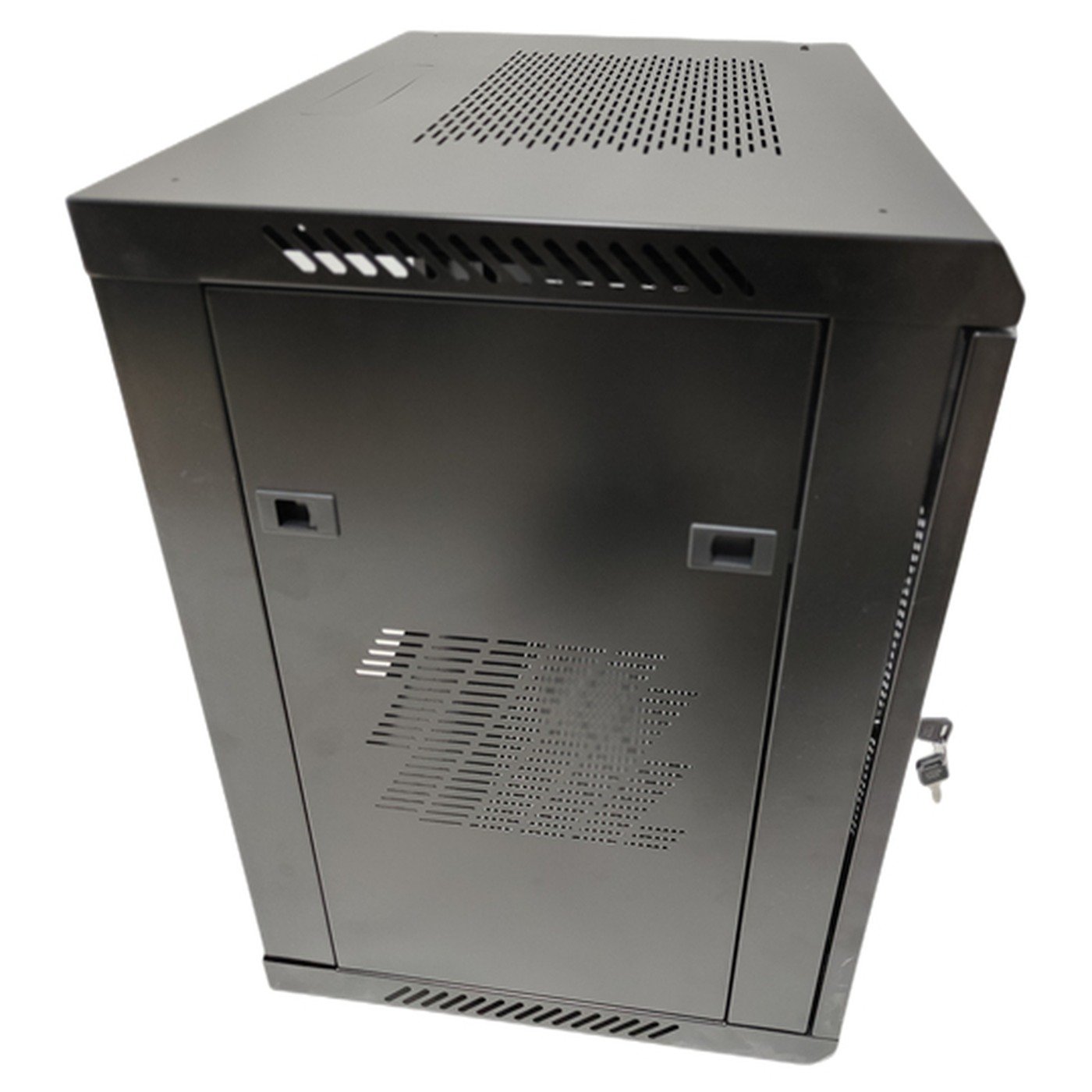network cabinet - A black powder coated 12U network cabinet with a perforated front door and a lockable handle.