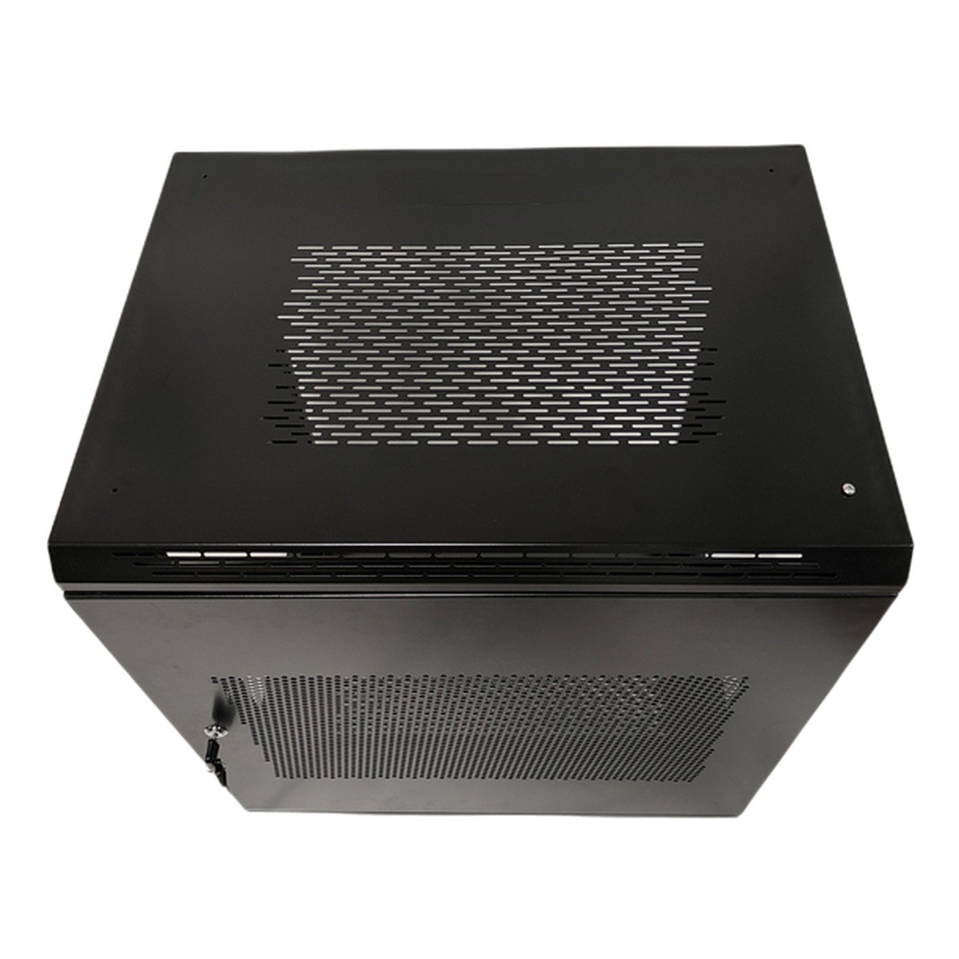 network cabinet - The welded frame and perforated top and side panels of a 12U network cabinet.