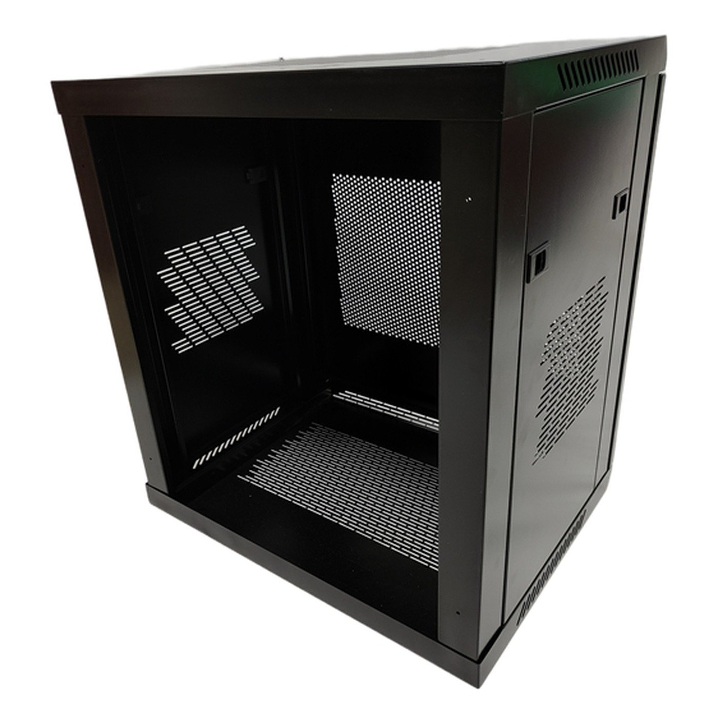network cabinet - The cabinet with the door open, showing the mounting rails and the internal clearance behind them.