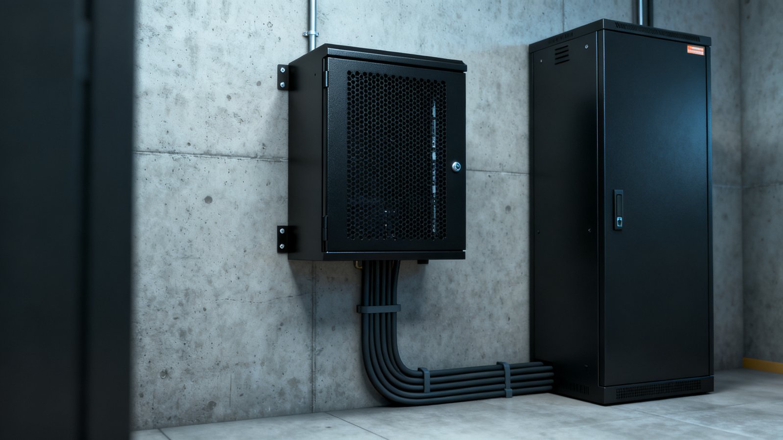 network cabinet - A 12U network cabinet installed in a small communications room, with cable trunking below.