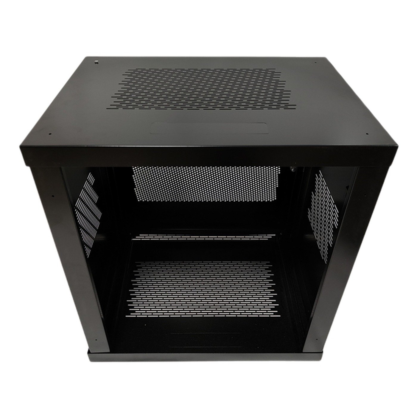 network cabinet - The perforated top panel of a network cabinet, the aperture that lets hot air out of the rack.