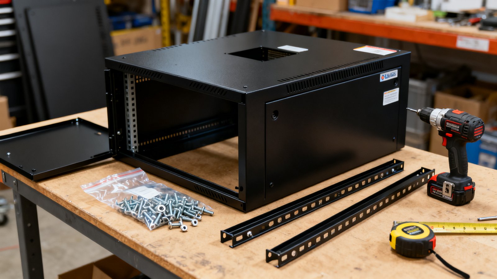 network cabinet - Cabinet assembly: the body on the bench with its rails, cage nuts and fixings ready to fit.