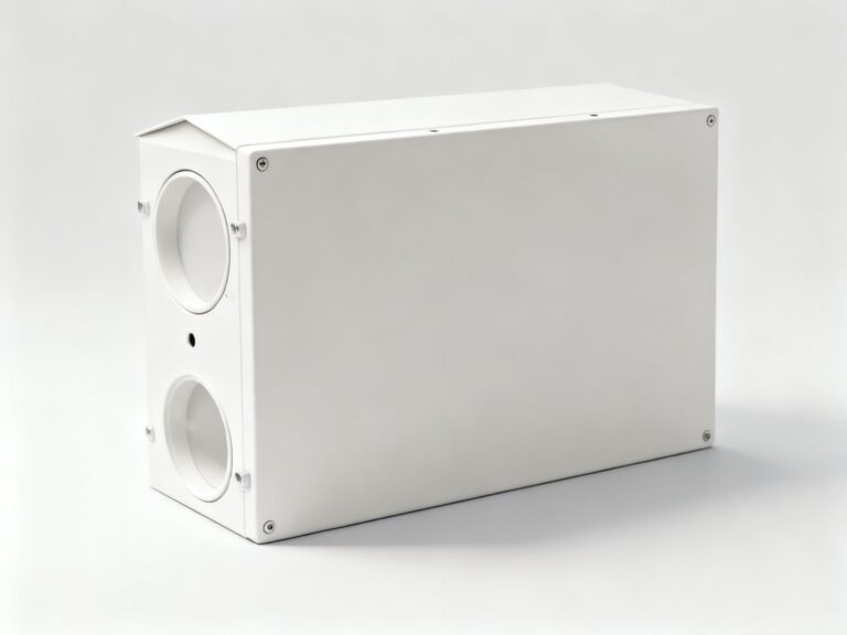 outdoor electrical box - An outdoor electrical box with a sloped top, folded and welded from powder coated sheet steel.