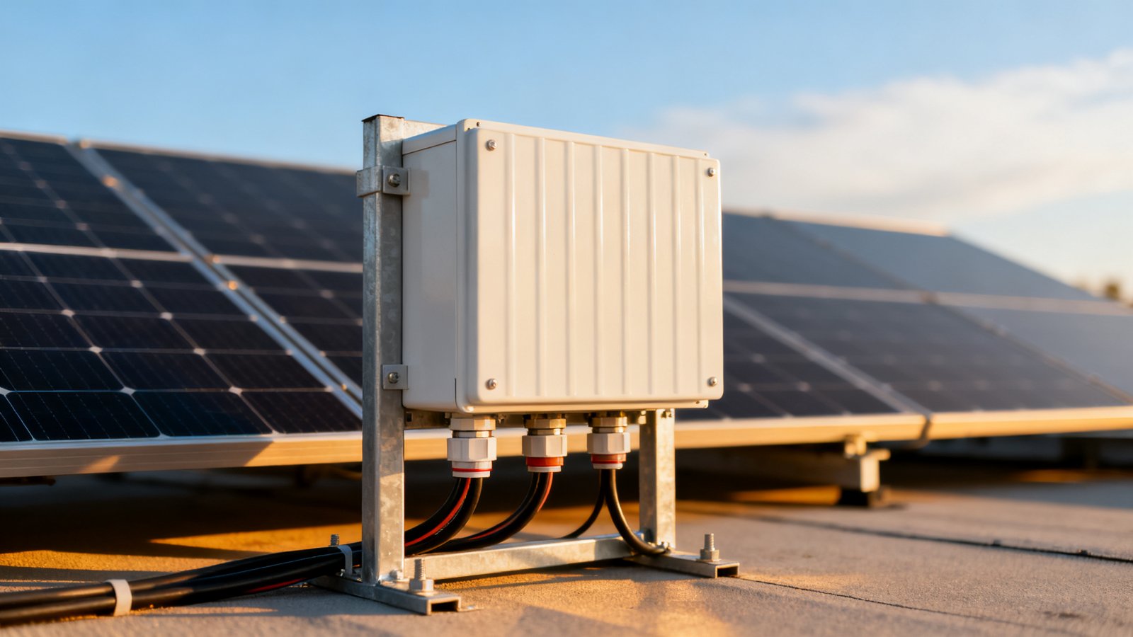 Außengehäuse - Ein Außengehäuse, das auf einem dachmontierten Solarrahmen installiert ist, mit versiegelten Kabeleinführungen.