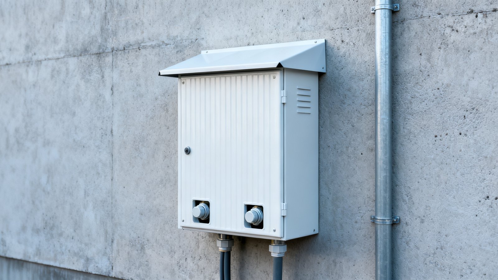 Außen elektrisches Gehäuse - Ein wandmontiertes Außen-Gehäuse an einer industriellen Fassade, mit Leitungsführung und versiegelten Dichtungen unten.