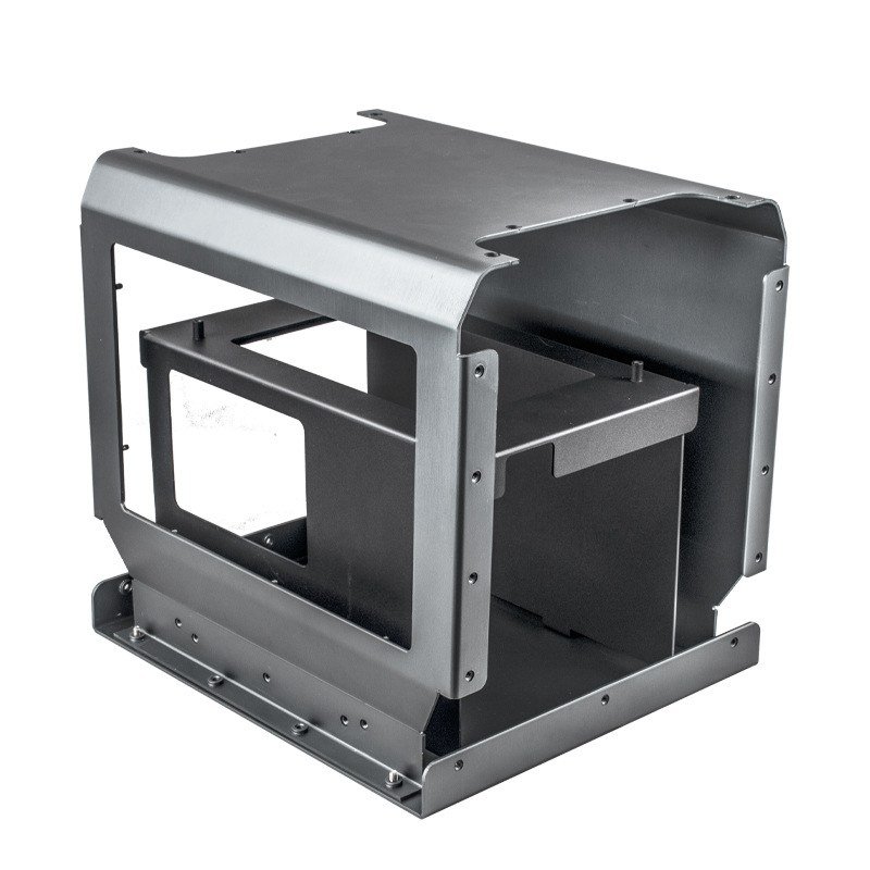sheet metal capabilities - A formed and riveted enclosure frame in grey powder coat, built on a CNC press brake with pierced, laser-cut and slotted apertures.