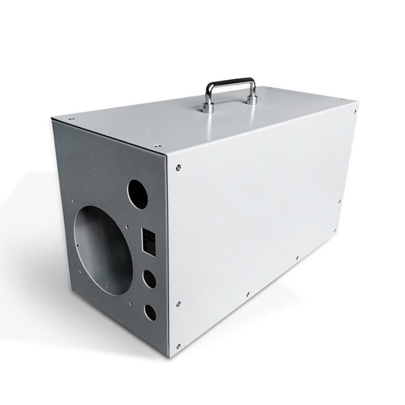 sheet metal capabilities - A fabricated enclosure with a formed handle, a large circular cut-out and a connector aperture, welded and assembled before powder coating.