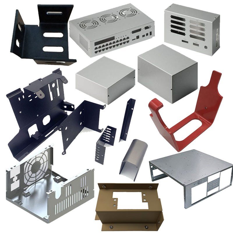 sheet metal capabilities - Further parts from the floor: aluminium boxes, black powder coated brackets, a red finished component and sheet metal covers and bases.