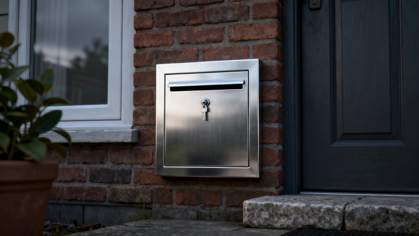stainless steel letterbox - A stainless steel letterbox installed beside a front door, flush mounted at waist height.