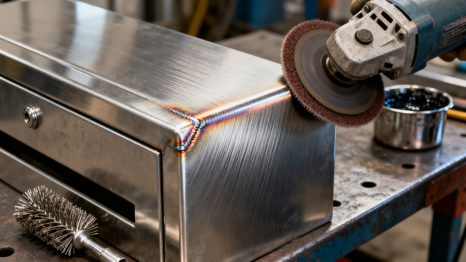 stainless steel letterbox - Dressing a welded corner of a stainless steel letterbox and restoring the passive layer.