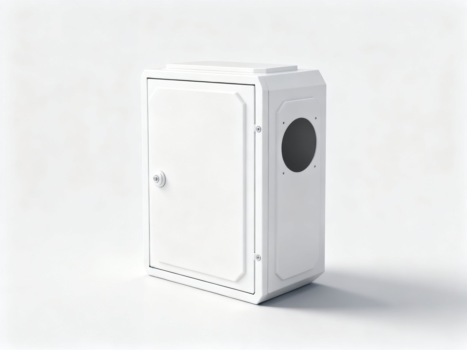 wall mounted enclosure - A wall mounted enclosure in white powder coated steel, with a circular cut-out for a fan or sensor.