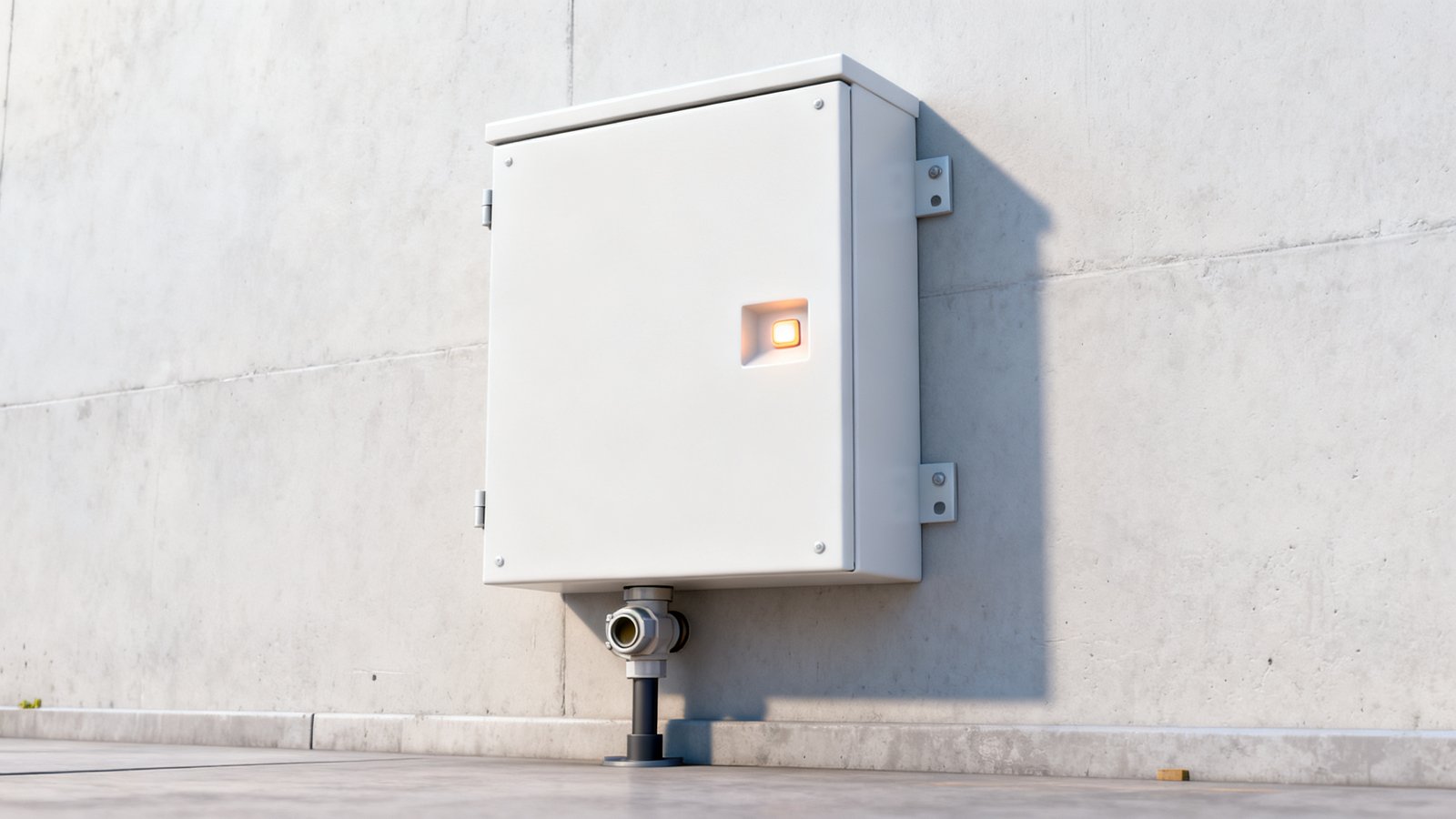 wall mounted enclosure - A wall mounted enclosure installed on an industrial wall, with cable entry through the bottom face.