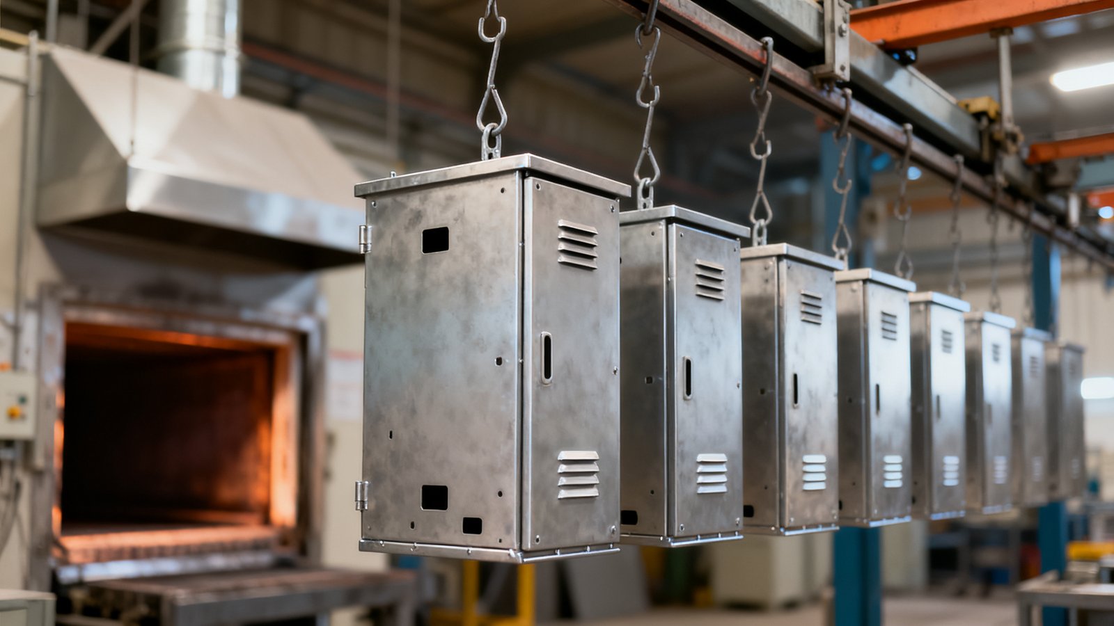 wall mounted enclosure - Bare enclosure bodies on a coating line, ready for the powder coat that defines the finish.