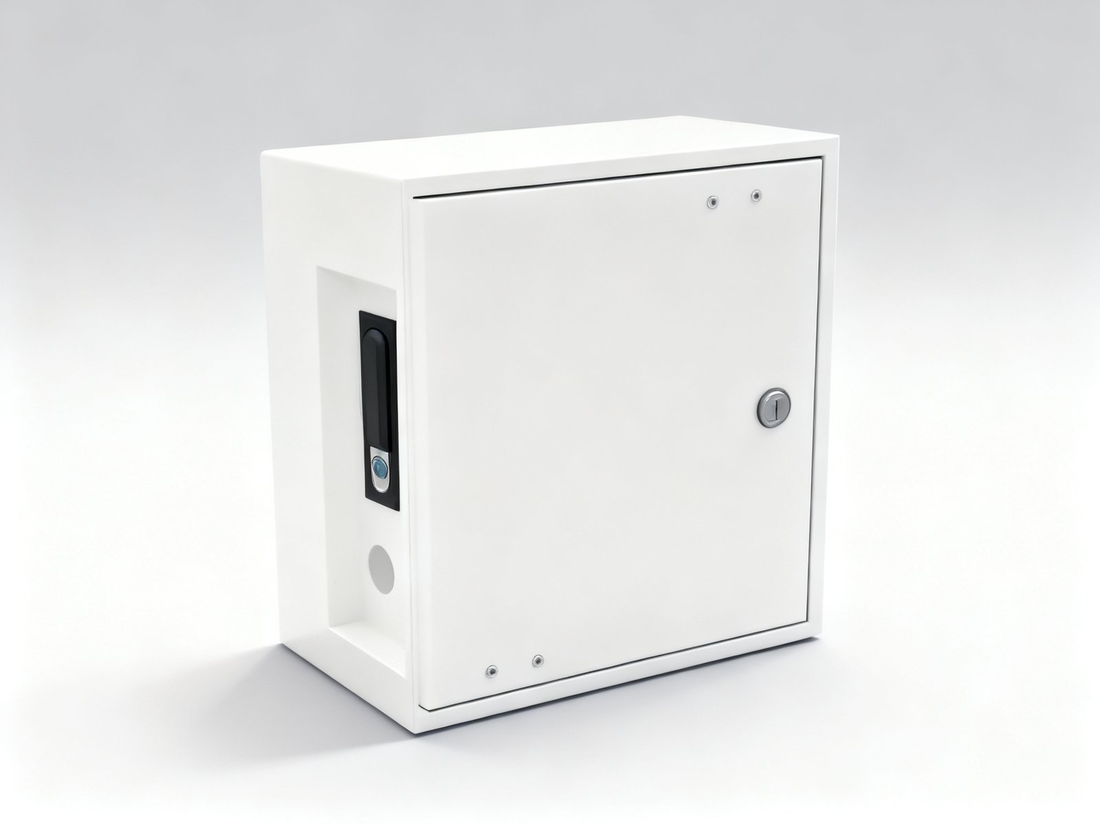 wall mounted enclosure - The lock and door edge on a production enclosure, checked against the first article before packing.