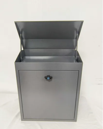 Stainless steel parcel box with an open lid