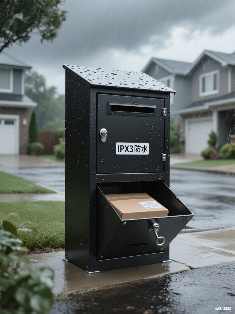 Black metal parcel box installed outdoors