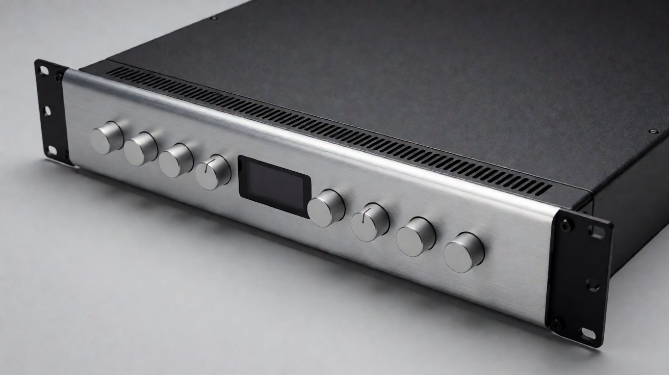 amplifier chassis - A finished rack-mount amplifier chassis in black powder coat, front panel fitted.