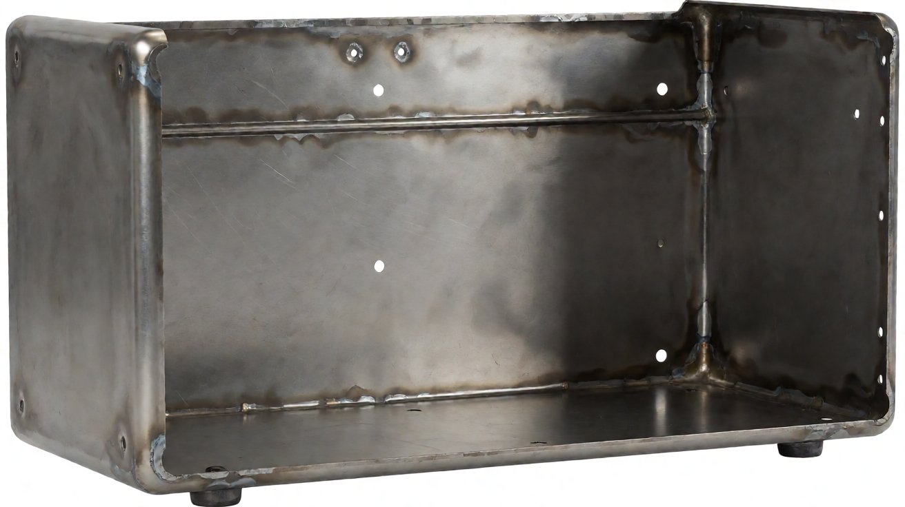 amplifier chassis - The bare folded shell before finishing, showing the return flanges and weld points.