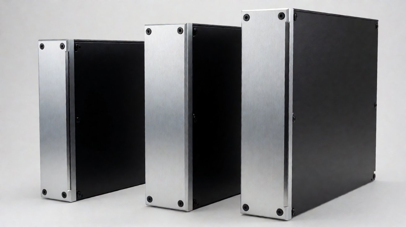 amplifier chassis - The 19-inch mounting ears and rail fixings, with the rack unit height dimensioned.