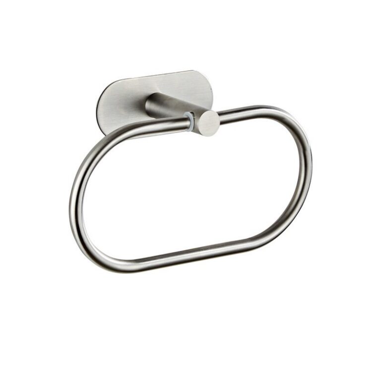 bathroom hardware - A brushed stainless towel ring: tube bent into a ring, welded to a mounting plate.