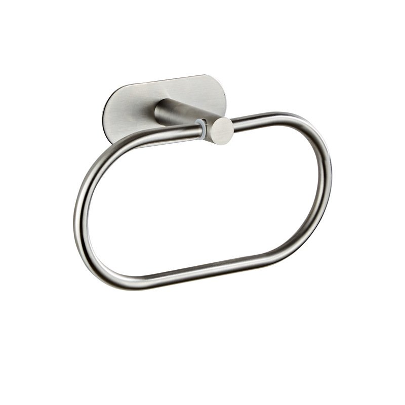 bathroom hardware - A brushed stainless towel ring: tube bent into a ring, welded to a mounting plate.
