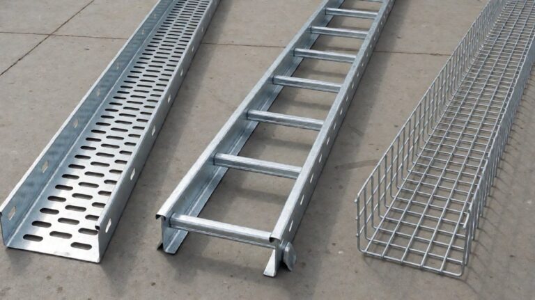 cable tray - The three tray types side by side: perforated trough, ladder and wire mesh basket.
