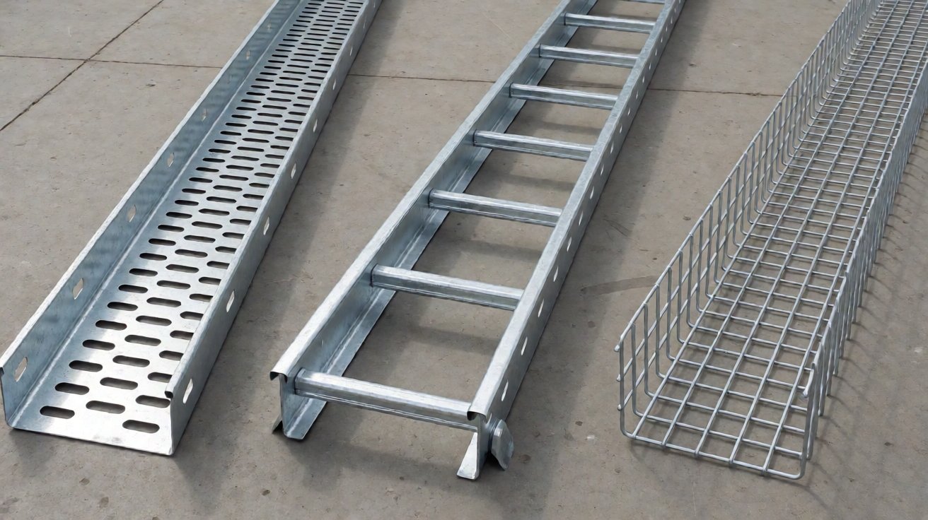 cable tray - The three tray types side by side: perforated trough, ladder and wire mesh basket.