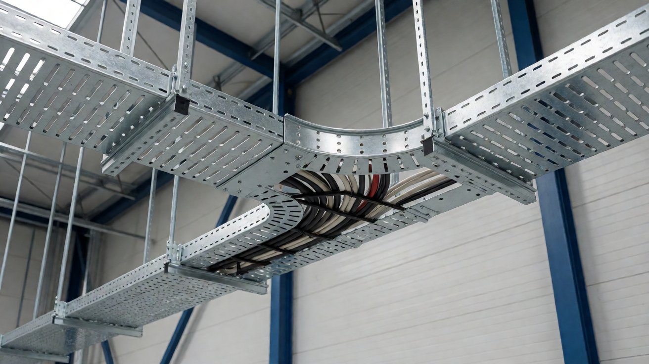 cable tray - A galvanised trough tray installed on hangers, running through a 90 degree bend fitting.