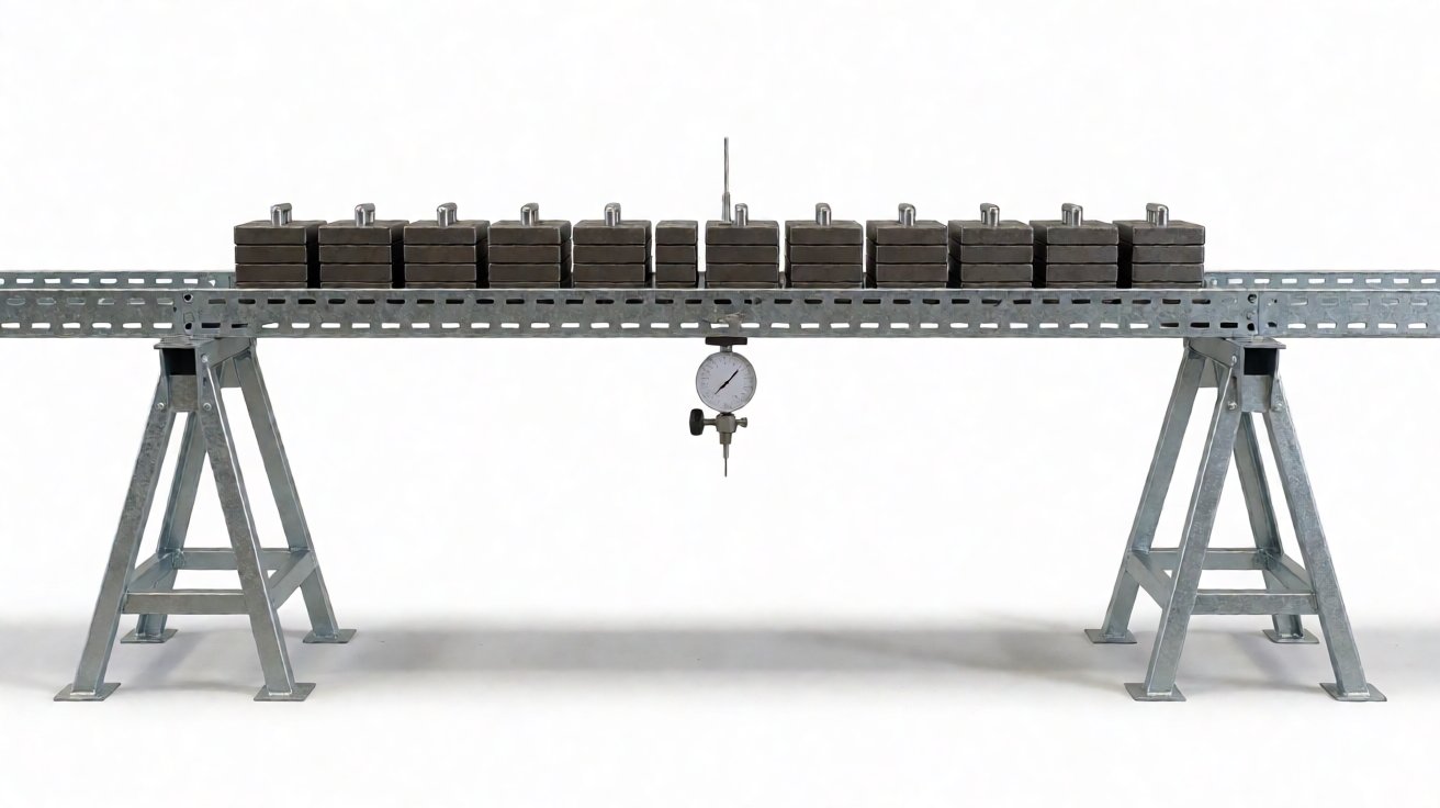 cable tray - A load test on a straight tray section, measuring mid-span deflection under UDL.